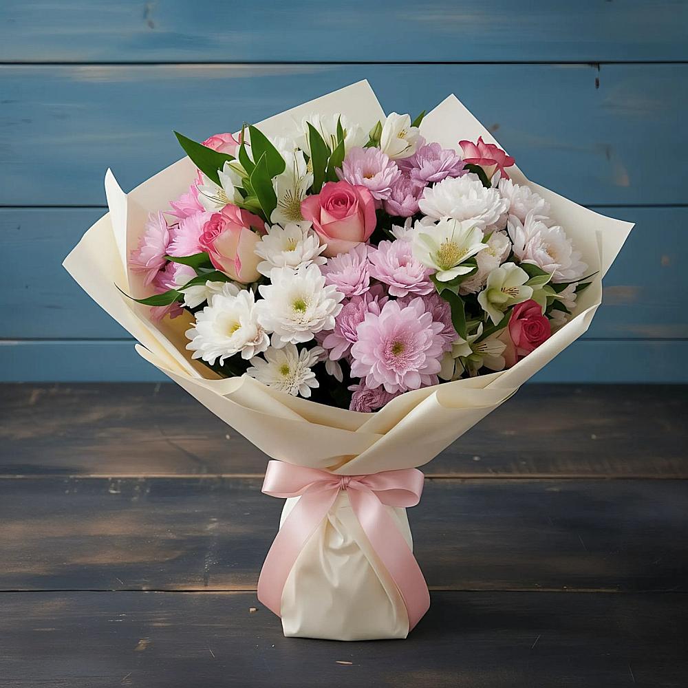 Букет цветов из: Хризантемы, Альстромерии и Розы в Мишелёвке